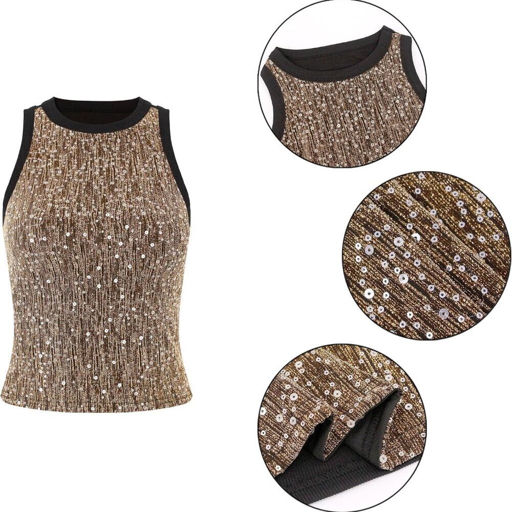 Women's Sparkly Sequin Sleeveless Tank Top Camisole Round Neck Rave Tank Vest Pa - Picture 6 of 6